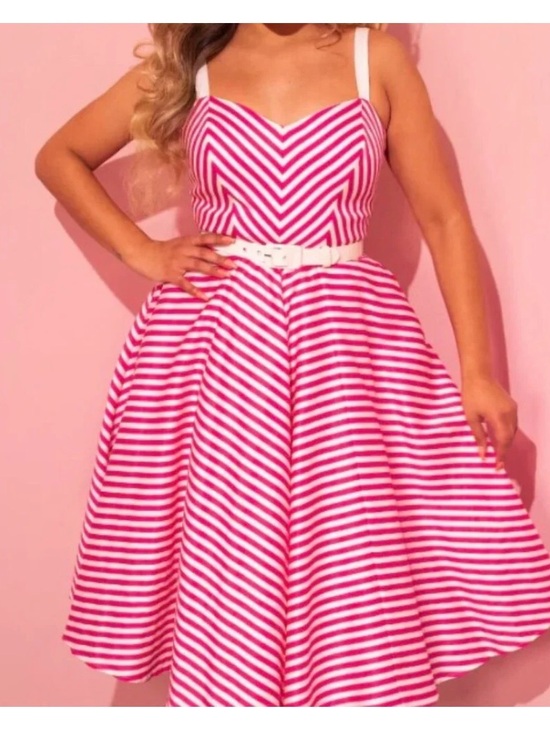Vixen by Micheline Pitt Dresses & Skirts - Vixen by Micheline Pitt Pink and White Striped Fit-and-Flare Dress